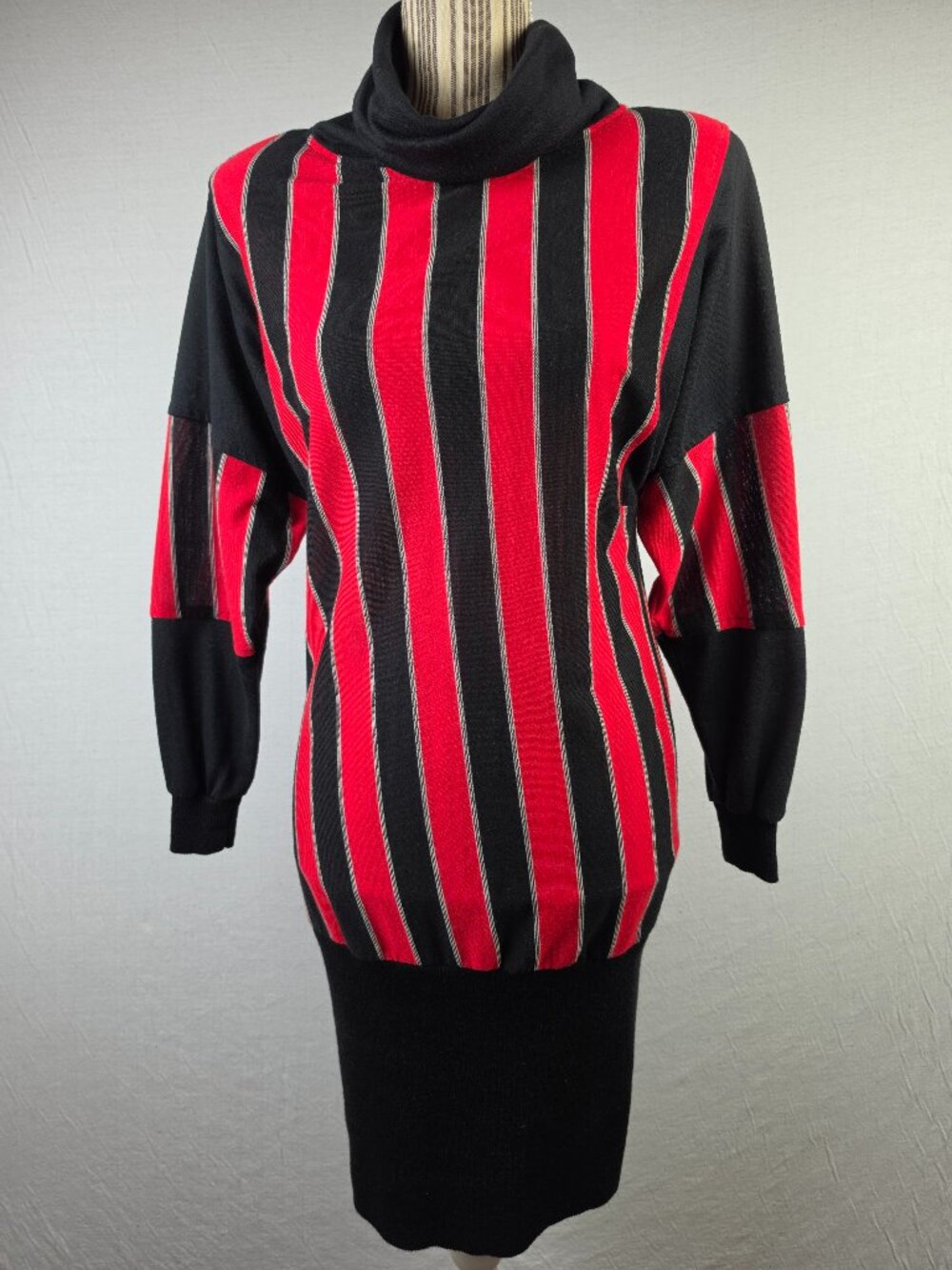 Vintage 80s Sweater Dress Striped Knit Mock Neck size S/M Red Black Retro